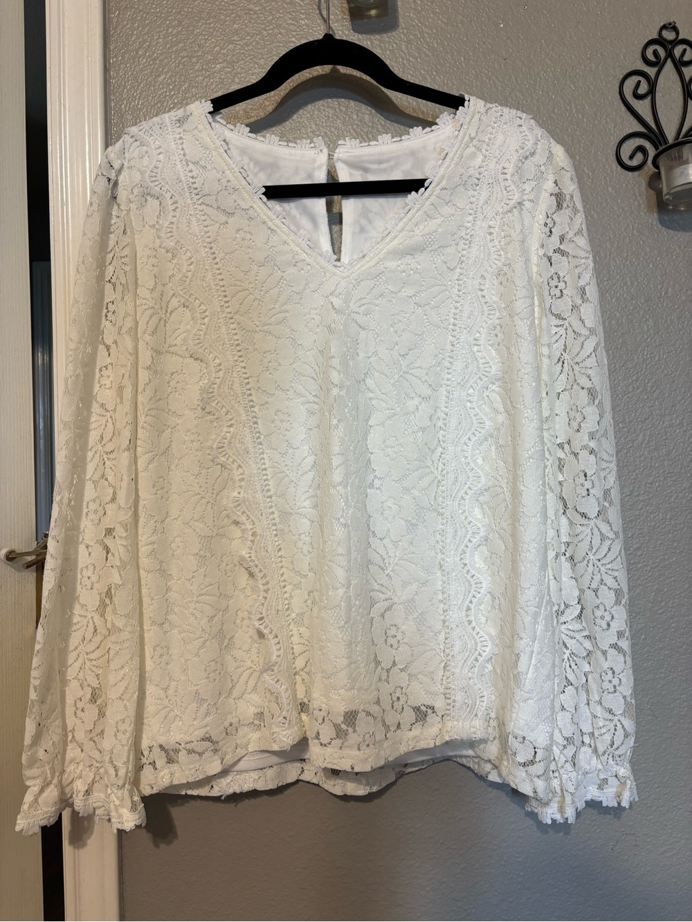 Lace V-Neck Long Sleeve Blouse in White